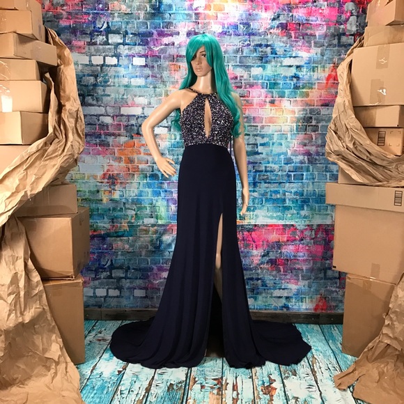 JOVANI Navy Beaded High Slit Halter Gown! #JP48849 - Picture 1 of 8